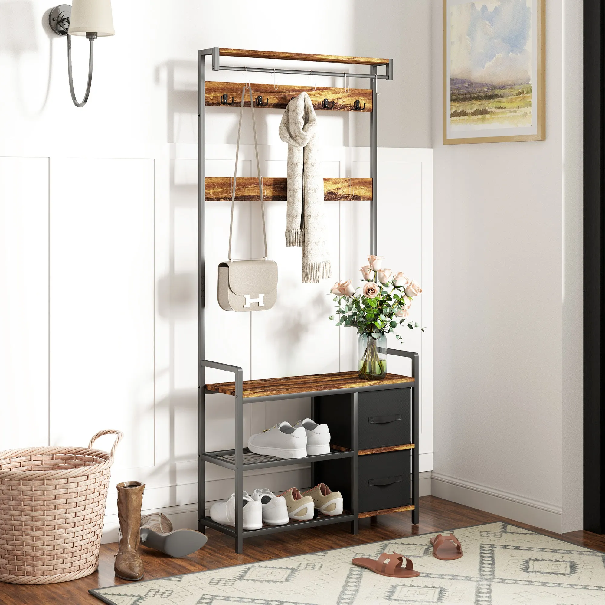 HOMCOM Coat Rack with Drawer, 4-in-1 Hall Tree with Coat Stand, Rustic Brown